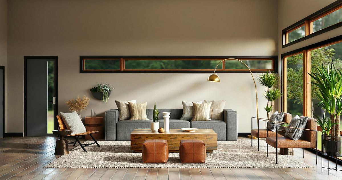 Spacious living room finished in warm neutral tones with natural light