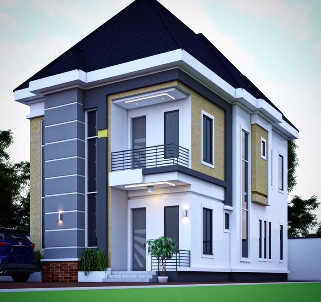 Architectural visualisation of a two-storey contemporary residence with grey and ochre facade panels