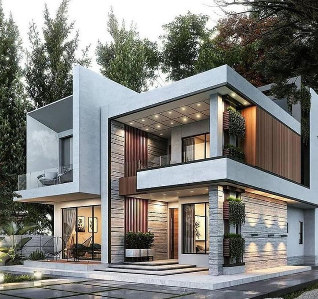 Architectural visualisation of a modern two-storey villa with timber cladding, stone feature walls and warm evening lighting