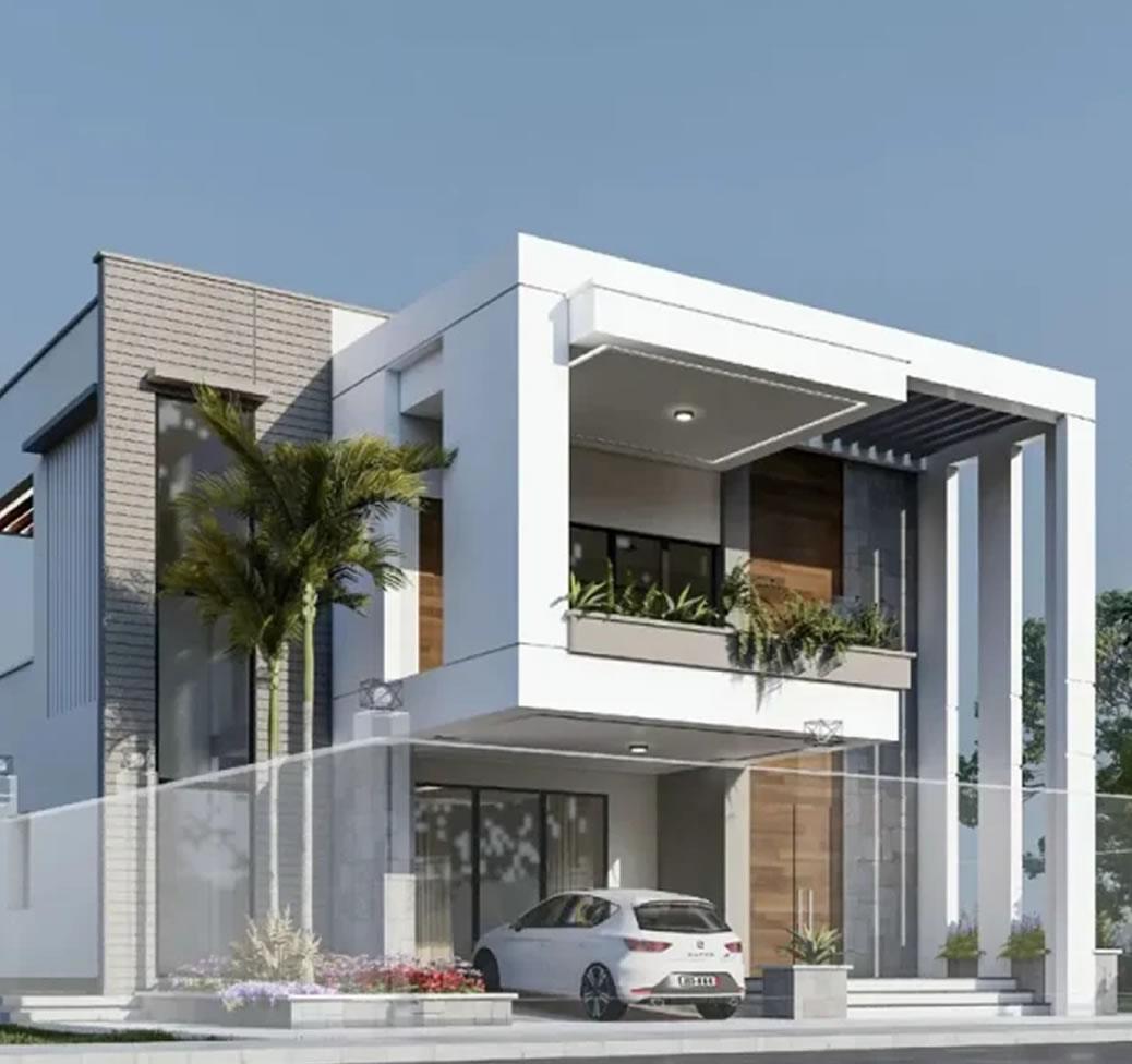 Architectural visualisation of a white contemporary duplex with cantilevered upper floor and covered parking
