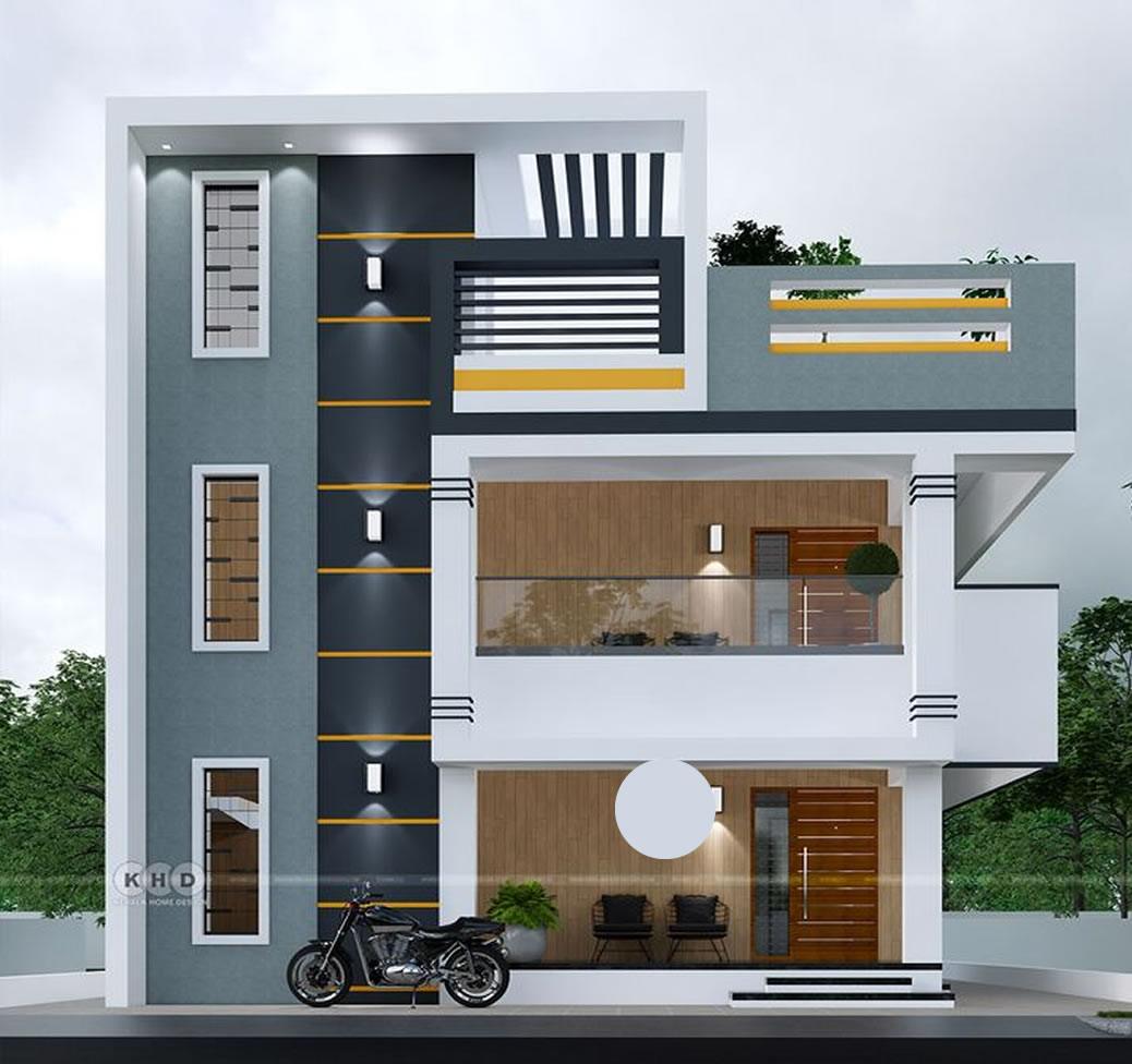 Architectural visualisation of a compact two-storey residence with grey vertical fins and a first-floor terrace