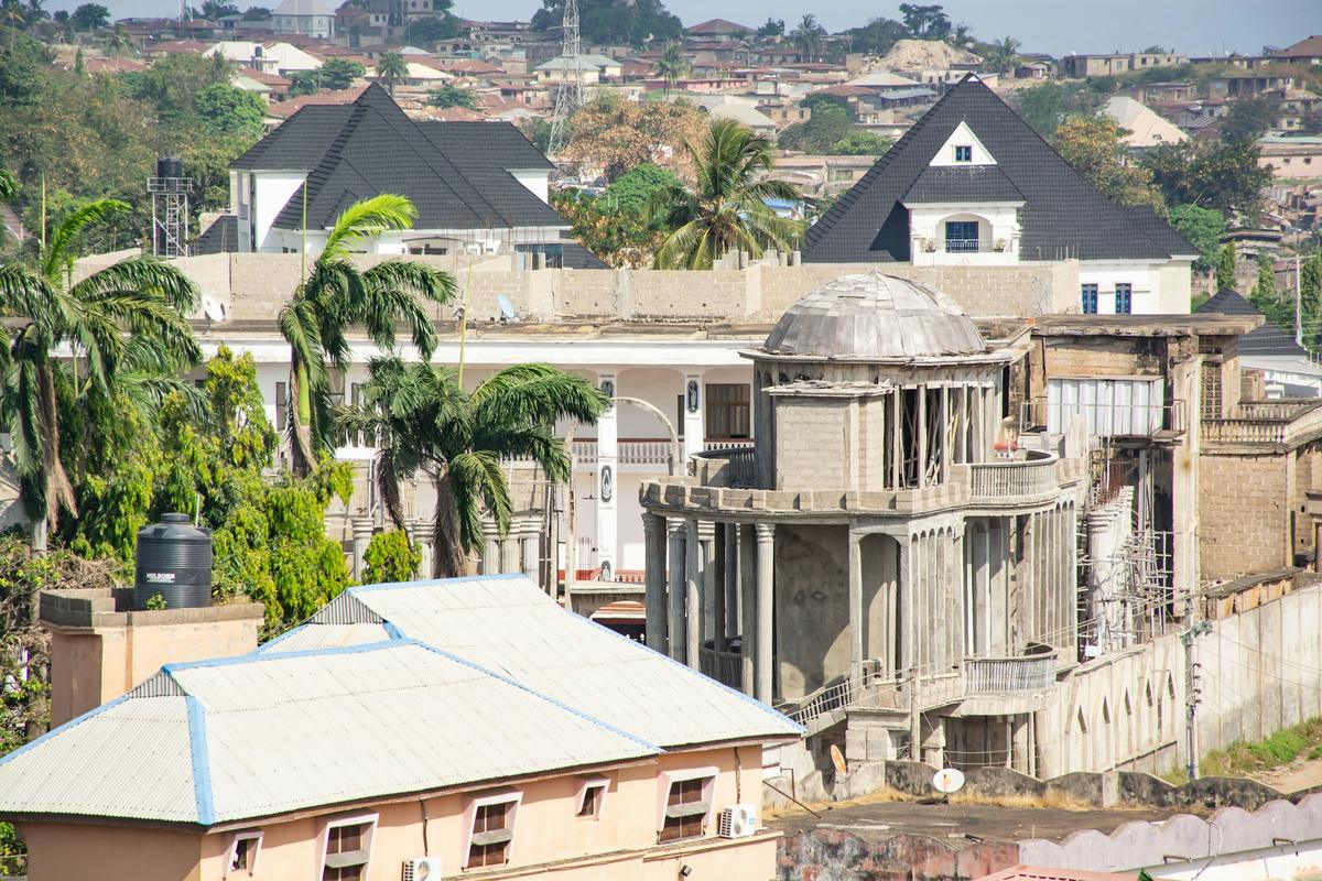 Residential houses with pitched roofs set among palm trees