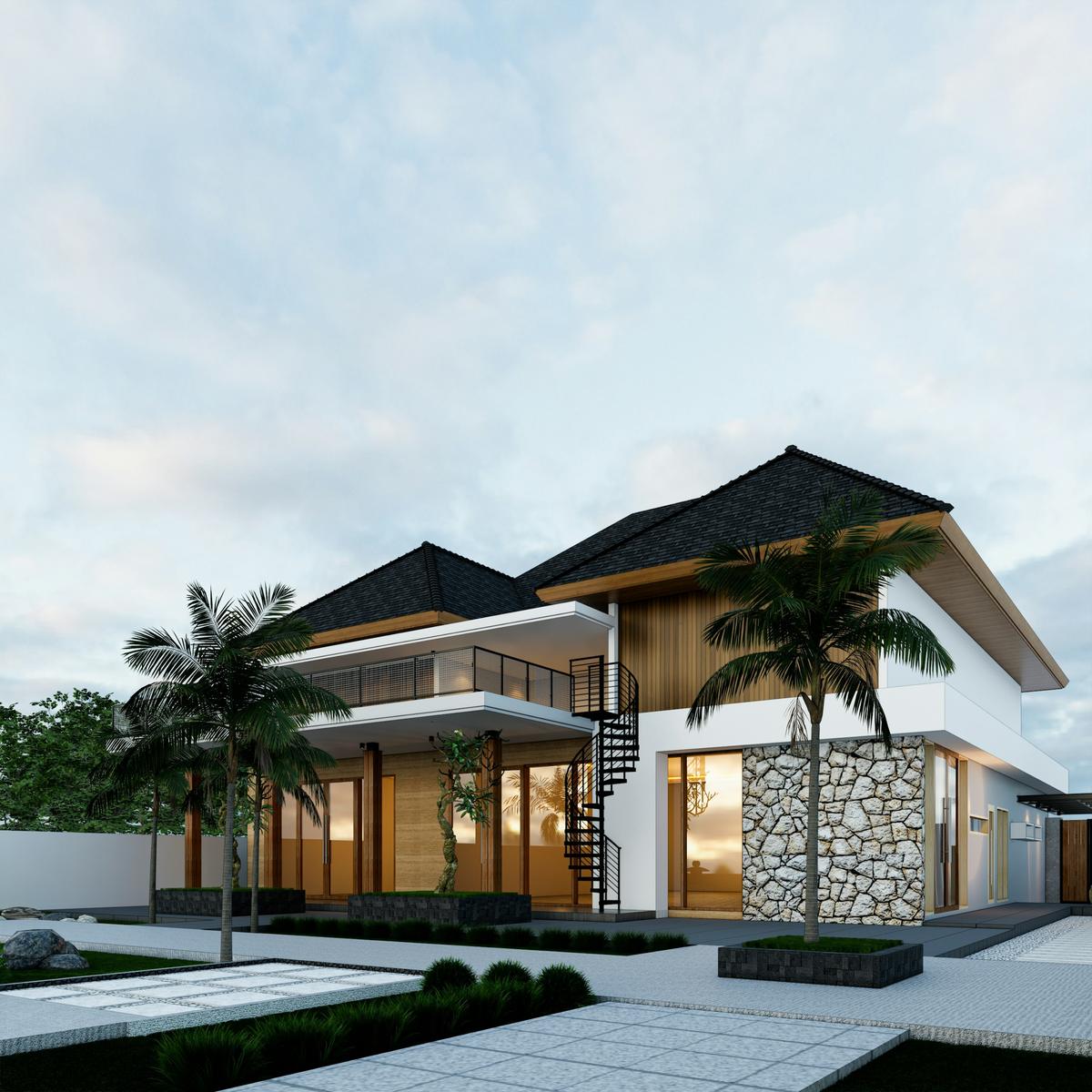 Contemporary residence with pitched roofs, stone cladding and palm trees